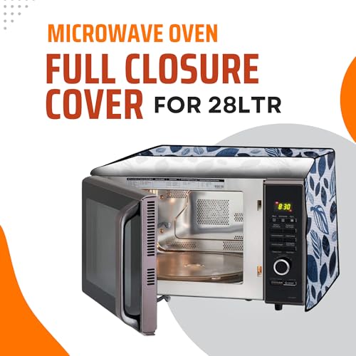 Image of PVC Microwave Oven Cover for LG-28L-MC2846BV | Full Closure Zip | Waterproof & Dustproof | Attractive Digital Print | Wipe Clean | Kitchen Decor | 51x30.5x49.4cm | Blue Grey Leaf Design