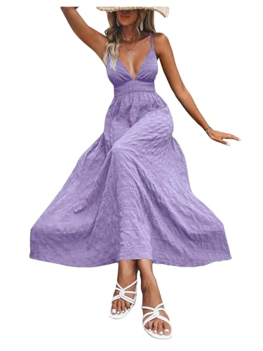 Image of Milumia Women's Summer V Neck Backless Maxi Dress Boho Spaghetti Strap A Line Flowy Beach Long Sundress