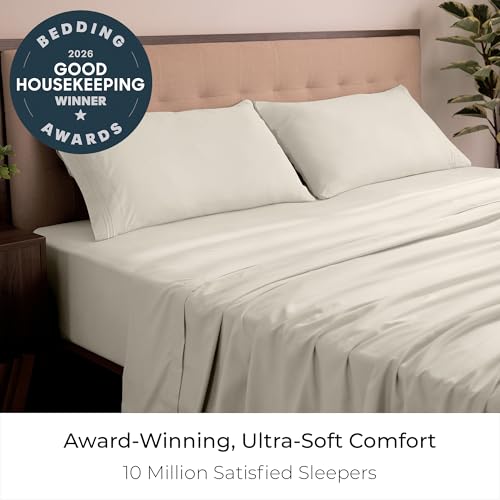 Image of Mellanni California King Sheets Set - 4 PC Iconic Collection Bedding - Hotel Luxury, Extra Soft, Cooling Bed Sheets - Wrinkle, Fade, Stain Resistant (Cal King, Golden Ivory)
