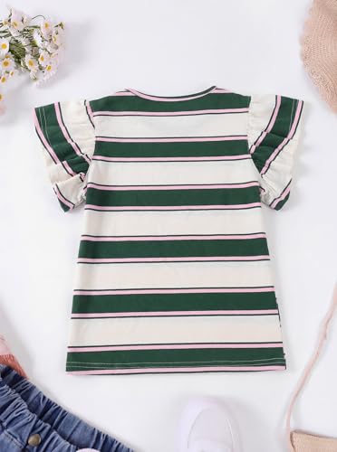 Image of Girls Striped Shirt Flutter Sleeve Top Crewneck Cute Summer T Shirts Casual Tees Apricot Green 9-10 Years