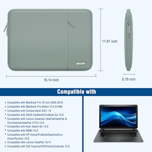 Image of MOSISO Laptop Case 16 inch, 15-15.6 inch Laptop Sleeve Compatible with MacBook Pro 16 M4 M3 M2 M1, HP Acer Dell Lenovo ASUS Notebook, Polyester Vertical Computer Sleeve Bag with Pocket, Antique Green