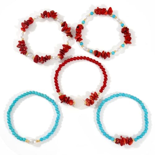 Red Jasper Turquoise Beads Stackable Elastic Bracelet for Women,5PCS/set Pearl White Heart Stack Bracelets Charm Accessories Fashion Jewelry Gifts2