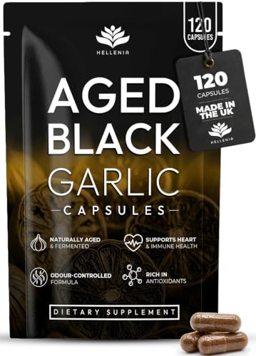 Black Garlic Capsules 12 000mg - Aged Black Garlic Bulb Extract 100:1 | 120 Capsules - 4 Month Supply | Antioxidant and Cholesterol Support | Gluten Free - Made in the UK by Hellenia