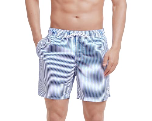 MaaMgic Badehose Herren Badeshorts Männer 18cm Innenlänge Badehosen Für Herren Schnelltrocknend Boardshorts Surfen Strandhose Mit Mesh-Futter Blau Gestreift XL