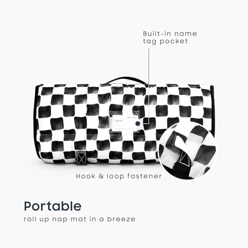 Image of Wake In Cloud - Toddler Nap Mat with Pillow and Minky Fleece Blanket, for Kids Boys Girls Ages 3 Plus in Daycare Preschool, Roll Up Sleeping Bag, Gingham Grid Checkered, Black White, Standard