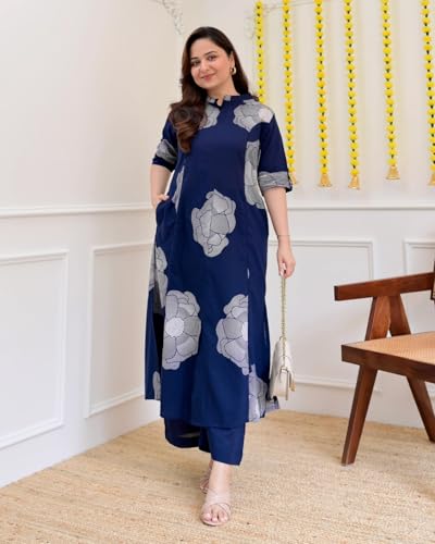 Image of ANNI Designer Women Viscose Blend Straight Fit Printed Kurta Palazzo Set | Mandarin Neck Outfit | Lightweight Breathable Fabric | Comfortable Elegant Styling for Office Casual Wear
