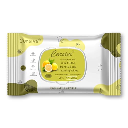 Image of Cursive Refreshing Face Wipes Daily Cleansing Facial Wipes 25 Each - Pack of 3 | with Lemon Mint & vitamin E | Mackup Removel Wipes | Paraben & Alcohol free With Lid
