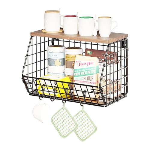 Mokaskaidj Fruteros de Cocina, Cestas Fruta, Frutero de Cocina Moderno de 2 Pisos, Cestas de Frutas Apilables y Montables en la Pared con Tapa de Madera y 4 Ganchos para Almacenar Verduras y Frutas