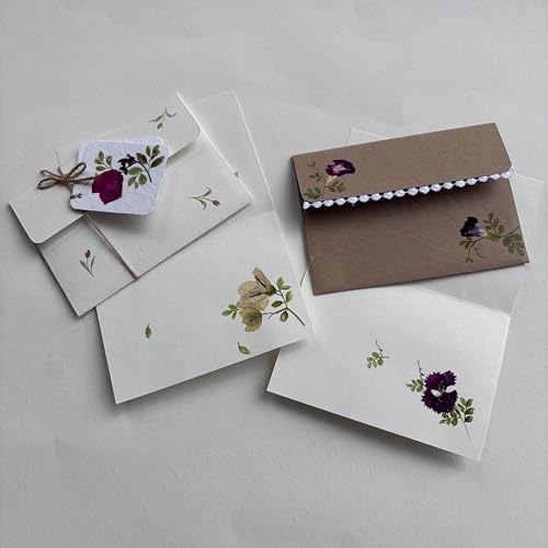 Image of PetalsByShweta, Pack of 4, A5 size pressed flower letter writing papers with Envelopes . 2 brown & 2 White Kraft Paper Envelopes with writing papers | Notepads | Envelopes for cards | Pressed Flower Design | invitation writing paper | Thank you notes writing (Mogra white) (Pack of 4)