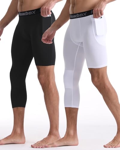 Roadbox Men's One Leg Compression Pants, 3/4 Single Leg Football Basketball Tights, Sports Athletic Leggings with Pockets2