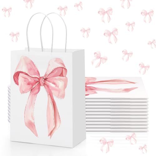Draupnir 12PCS Coquette Pink Bow Paper Gift Bags Party Favor Bags Pink Goodie Bags for Birthday&Bachelorette Party Decoration Coquette Bow Gift Pouches with Handles 8.3x5.9x3.1 Inch