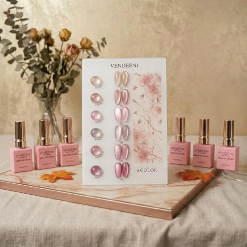 Image of Set of 6 Professional Cat Eye Gel Polish | Magnetic Nail Art Gel Polish | UV /LED Soak-Off | Long-Lasting | Shiny Cat-Eye Effect (15 ML) (Pink Shade)