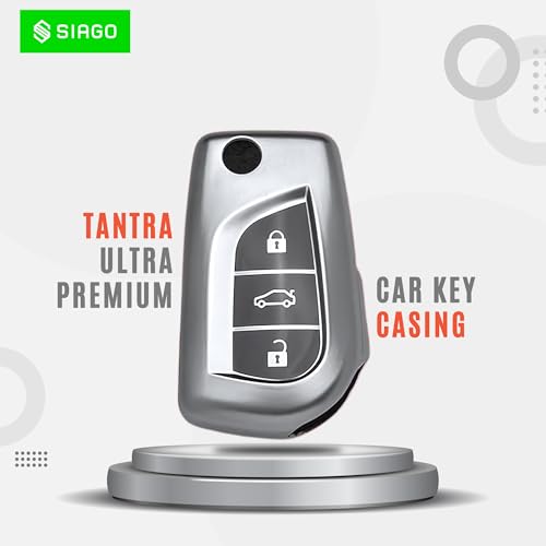 Image of SIAGO TPU Key Cover and Round Keychain Compatible for Toyota Corolla | Altis | Innova Crysta 3 Button Car Smart Key (Grey)