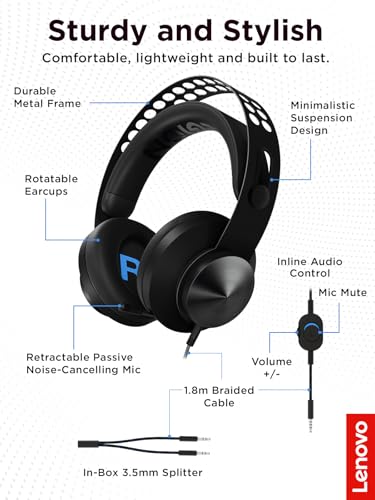 Image of Lenovo Legion H300 Stereo Gaming Headset, Noise-Cancelling Mic, Memory Foam & PU Leather Earcups, Stainless Steel Headband, PC, PS4, Xbox One, Nintendo Switch, Mac, GXD0T69863, Black