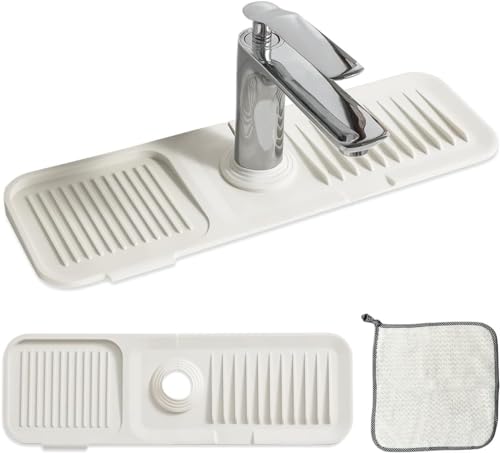Image of Silicone Faucet Handle Drip Catcher Tray - Self-Draining Kitchen Sink Splash Guard with Adjustable Coil Opening - Sink Faucet Mat with Cleaning Towel (Ivory)