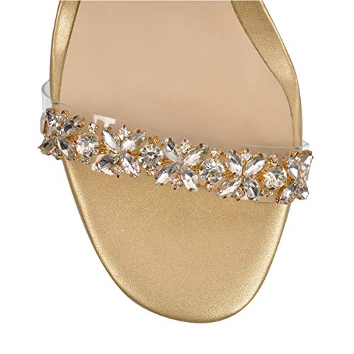 Yolkomo Women's Gold Rhinestone Mid Heel Sandals Clear Ankle Strap Crystal Studded Open Toe Slingbacks Sexy Dress Pearl Cinderella Strappy Acrylic Heel Size 8 #TOP2