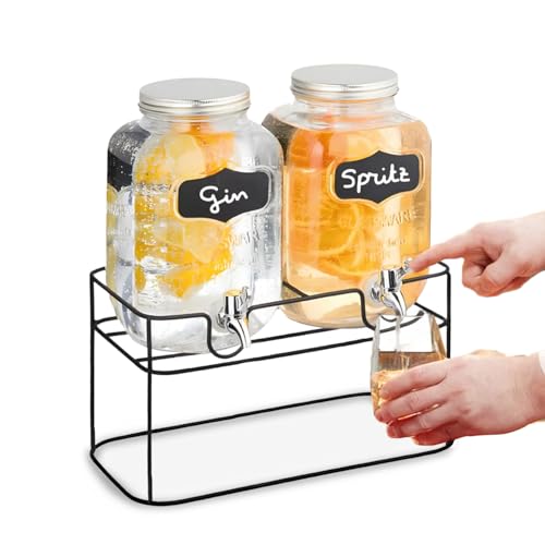 Avilia Set di 2 Dispenser per Bevande da 4L in Vetro - Tanica Acqua con Rubinetto, Supporto in Metallo, Elegante e Robusto, Ideale per Aperitivi all'Aperto