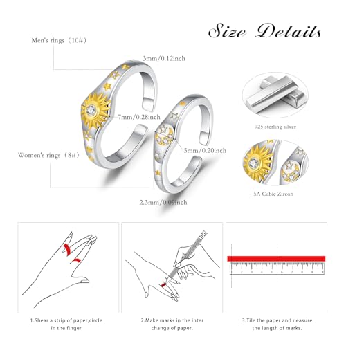Cuoka Sun Moon Couple Rings 925 Sterling Silver Sun and Moon Couple Promise Matching Rings Set,Fashion Celestial Engagement Ring Jewelry for Him and Her3