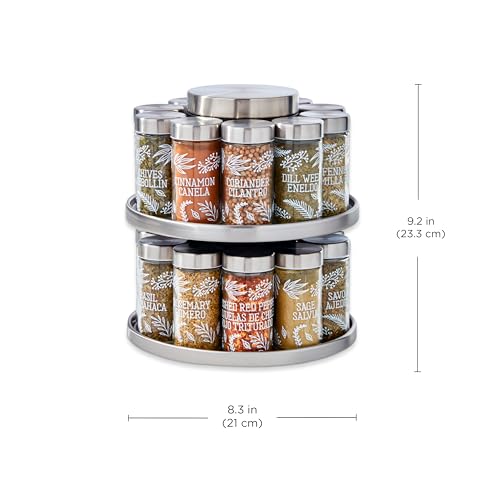 Image of Kamenstein Salem 20-Jar Rotating Spice Rack with Spices Included, Stainless Steel Countertop Organizer with Sifter Caps and Tool Caddy, Spice Set for Kitchen Organization