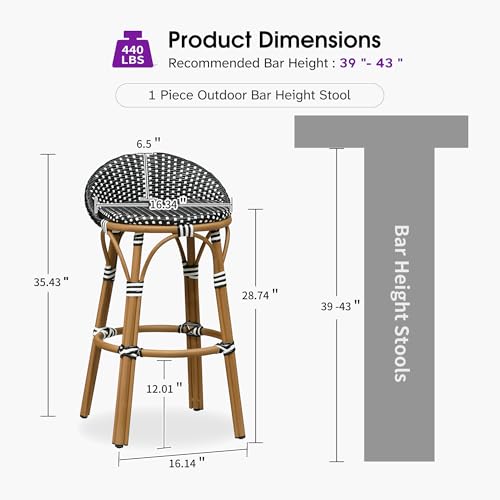Image of PURPLE LEAF Patio Oversized Backrest Bar Height Stool Set of 1 Outdoor Round Barstools Aluminum Frame in Bamboo Finish Woven Rattan for Indoor Kitchen Dining Bistros Cafe Restaurant Black