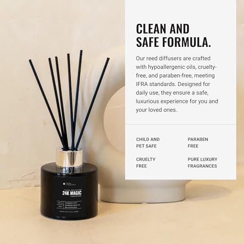 Image of Hotel Collection - 24K Magic - Reed Diffuser Set - Luxury Aromatherapy - Lemon, Bergamot, Black Fig, Cedarwood, Amber, Musk & Blonde Woods - Essential Oil Diffusers - Shelf Decor - 100mL /3.5 FL oz