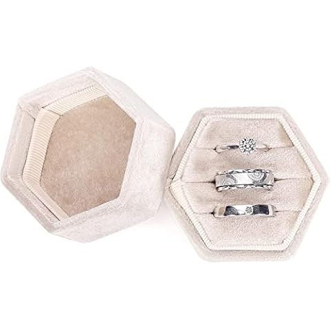 WantGor Velvet Jewelry Ring Box, 3 Slots Hexagon Ring Gift Box Vintage Ring Display Holder Case for Wedding Ceremony Proposal Engagement (Beige) Cover