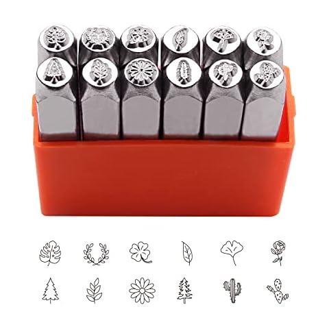 Tlimus Metallstempel-Set, Pflanzen-Design, 6 mm, Pflanzenmotiv, Metallstempel-Set, Bastelzubehör, Leder, Holz, 12 Stück Cover
