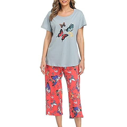 MIA LUCCE Women's Sleepwear -Cute Print Short-Sleeve Tee with Capri Pants Pajama Sets - blue - Medium Cover