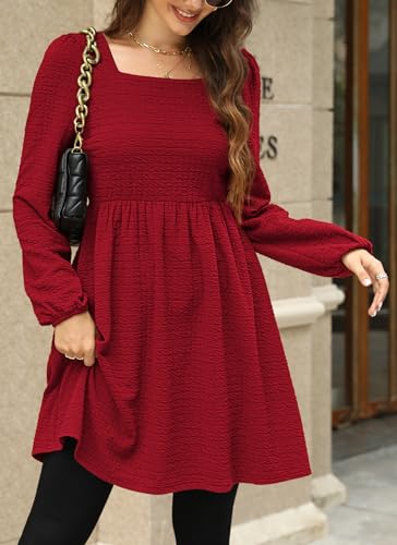 Womens Babydoll Dresses Square Neck Long Sleeve Knee Length Flowy Swing Shirring Mini Dresses Fall Dress2