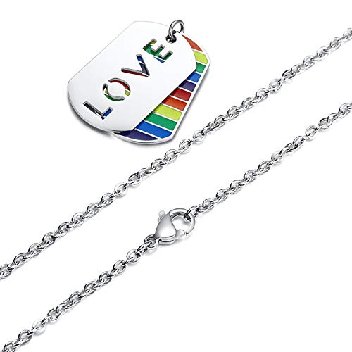 Gualiy Stainless Steel Rainbow Gay Pride LGBT Necklace, LGBT Pendant Dog Tag Rainbow Stripes Silver Pendant Necklace3
