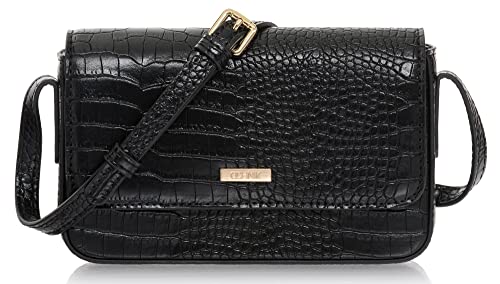 Ochnik Damenhandtasche | Kleine Handtasche | Material: Kunstleder | Farbe: Schwarz. Krokodilimitat | Maße: 12x18x4 cm | Druckknopfverschluss | Eine Innentasche | Metallelemente in Hellgold Cover