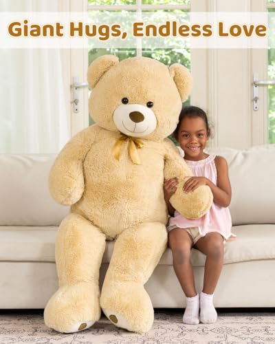 Image of MaoGoLan Giant Teddy Bear Stuffed Animal, 52 inch Large Tan Teddy Bear Plush Toy with Cute Bow Tie & Footprints, Soft Sunggle Bear Plushies Gift for Kids Grilfriend Wife on Christmas Birthday Baby Shower