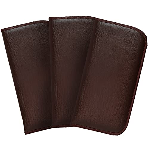 Image of Calabria Slim Faux Leather Eyeglass Case Soft Slip-In Design [Brown without Clip - 3 Pack] | Compact Protective Pouch | Soft Case for Glasses | Lightweight Sunglass Storage