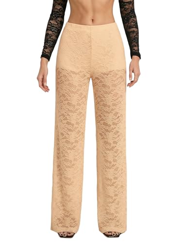 RoseSeek Women's Lace Pants Y2K Floral Sheer Straight Leg Long