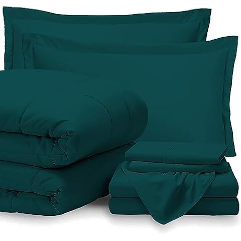 Ashley Mills Queen Size, Teal Solid, 7 Piece Bed-in-A-Bag Comforter & Sheet Set 18'' Deep Pocket, 100% Cotton Set Include- 1Comforter, 1Flat Sheet, 1Fitted Sheet, 2Pillowcase & 2Pillowsham Cover