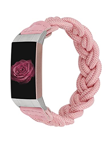 Wearlizer Compatible with Fitbit Charge 4/ Charge 3 Bands for Women, Cute Elastic Braided Fabric Wristband Strap Stretchy Bracelet Accessories for Charge 4/ Charge 3/ Charge 3 SE (Pink, S)