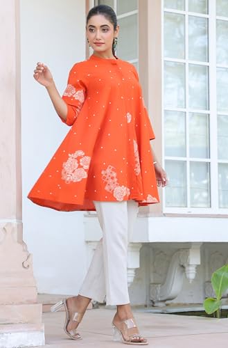 Image of Janasya Women's Orange Pure Cotton Floral Printed Flared Tunic