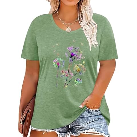 MK Shop Limited Plus Size Tops for Women Summer Dandelion Graphic Tops Loose Round Neck Short Sleeve Tees Shirt E-Green Cover