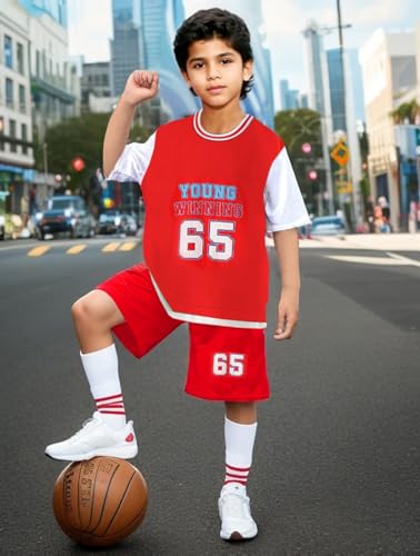 Image of SANGTREE Boys Quick Dry Athletic Short Sleeve T-shirt and Shorts Set, 65# Red+White, 6-7 Years = Tag 130