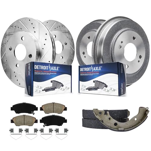 Image of Detroit Axle - Front Brake kit for 2009 2010 2011 2012 2013 Honda Fit | Front Drilled and Slotted Brake Rotors Ceramic Pads Rear Brake Drums Shoes Replacement: 10.32'' inch Front Rotor