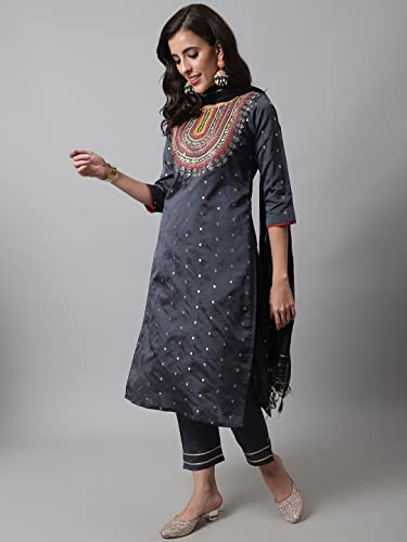 Image of VredeVogel Women's Silk Blend Embroidered Straight Kurta Trouser with Dupatta Set