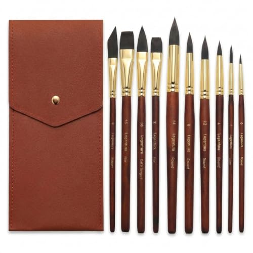 Legentura Professional Watercolor Paint Brush Set - 10 Pcs Synthetic Squirrel Art Brushes with Leather Case for Travel Round Liner Flat Dagger & Cats Tongue for Gouache Ink & Acrylic