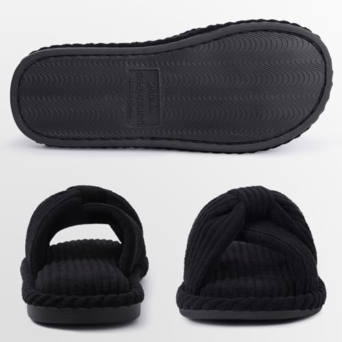 Image of Evshine Summer House Slippers for Women Corduroy Cross Bow Indoor Slippers Open Toe Slip On Bedroom Shoes with Memory Foam