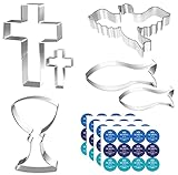 6 Stück Fisch Keksausstecher,Keksausstecher Fisch Taufe,Kreuz Ausstecher Set,Edelstahl Ausstecher Set mit 48 Stück Aufklebern,für Kommunion Konfirmation Taufe Deko(Blau)