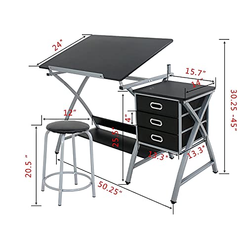 Zeny Drafting Table And Stool Set Tabletop Tilted Drawing Table Drafting Desk W/Drawers Artists Workstation, Art Craft Supplies #TOP2