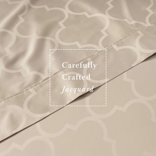 300 Thread Count Jacquard Tradition Light Beige Queen Sheets - 100% Cotton Breathable Silky Soft Damask Sheets - 3 Pc Bed Sheet Set Elasticized Deep Pockets - Wrinkle Free Bedding Sheets by Threadmill - Thumbnail 4