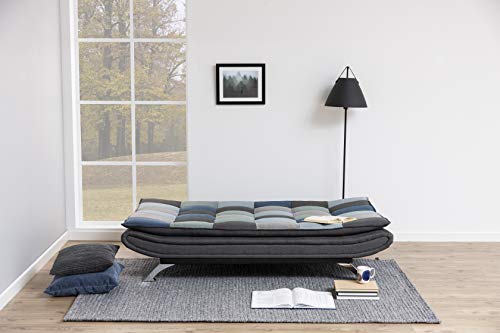 AC Design Furniture Jasper Bettcouch Blau/Grau Patchwork, Schlafsofa mit 3 Liegepositionen, Moderner 3-Sitzer Ohne Armlehne, Gepolstert mit Verchromten Beinen, L: 196 x H: 91 x T: 98 cm