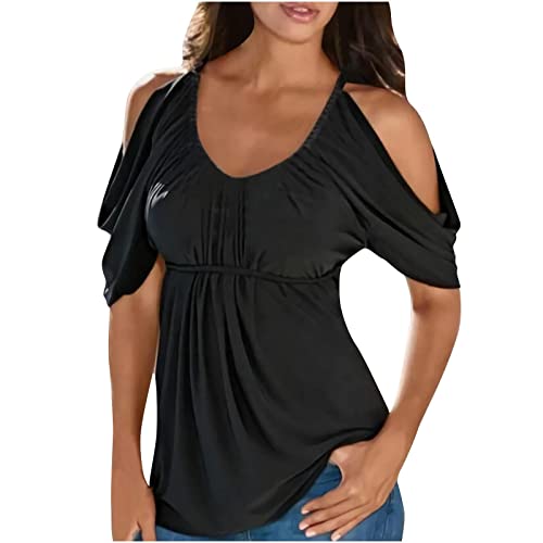 Niuqi Vintage Cold Shoulder Top Women's Solid/Geometry Print Retro Aztec Graphic Ethnic Blouse Summer Scoop Neck T-Shirts #TOP10