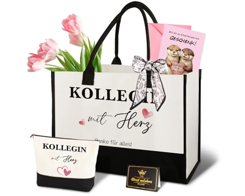 Giftota Geschenk für Kollegin mit Herz Dankeschön Abschiedsgeschenk Kollegen Jobwechsel Set mit Tasche Kosmetiktasche Karte Kollegen Abschiedsgeschenk Frauen Büro Freundschaft Geburtstag Danke