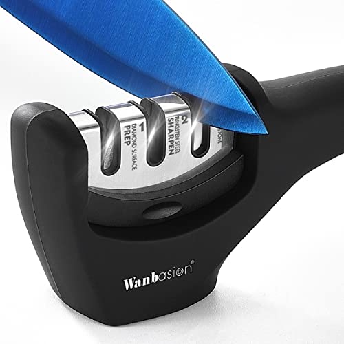 Wanbasion Black Kitchen Knife Sharpener Professional 3 Stages, Kitchen Knife Sharpener Manual Sharpening, Knife Sharpener for Kitchen Knives with Stainless Steel Ceramic Diamond Blade